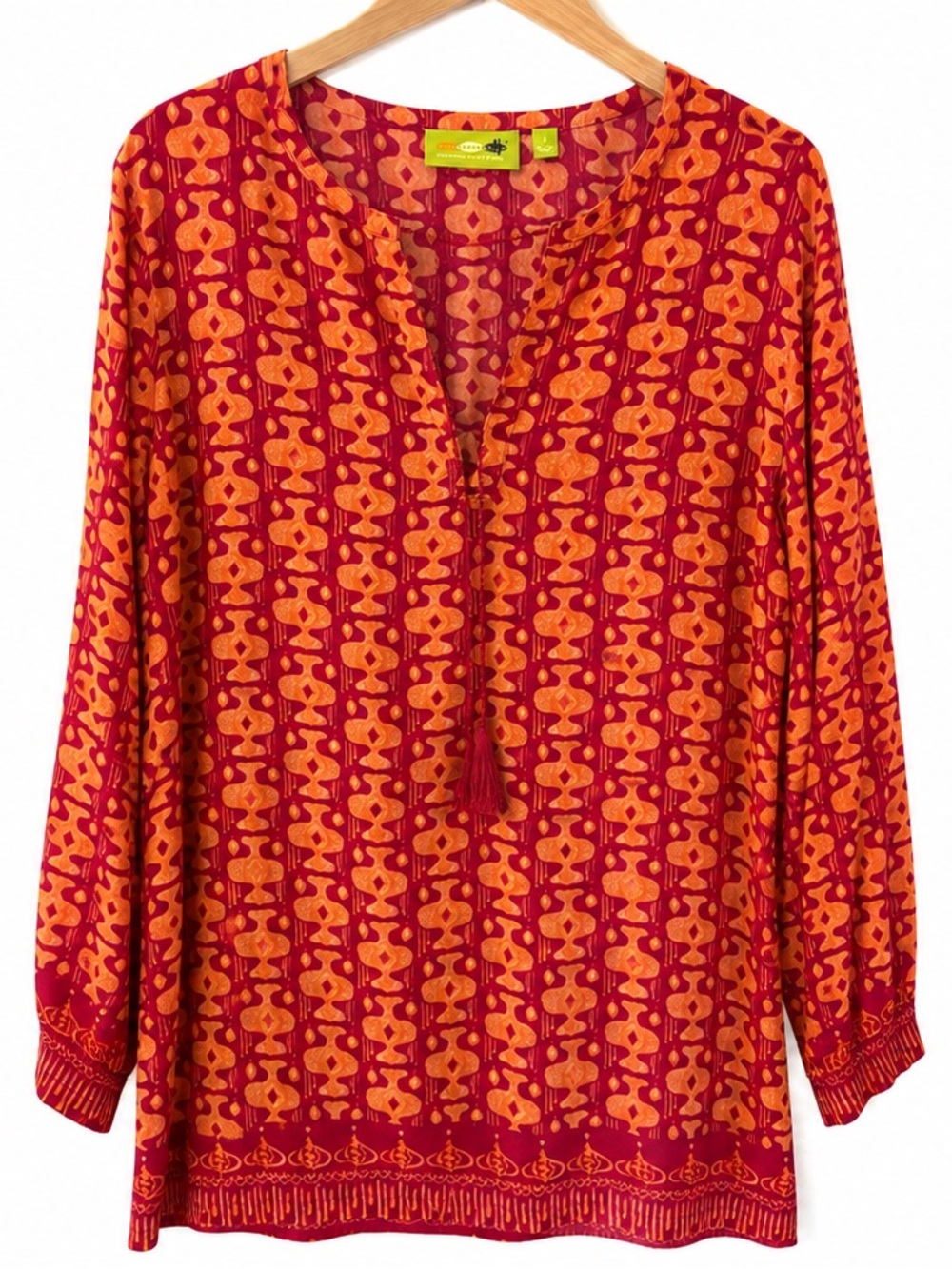 Rock Flower Paper Tunic Blouse L Red Orange Boho Geometric 100% Viscose India